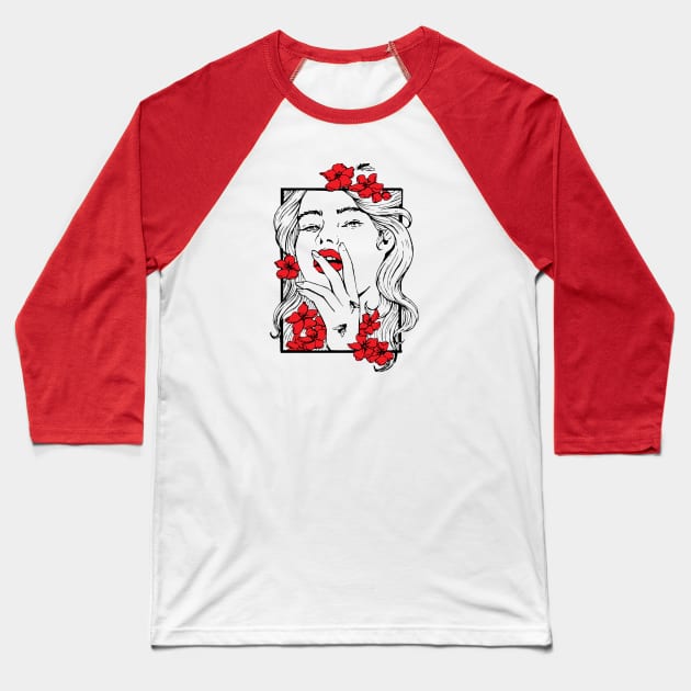 Red Cherry Blossoms Baseball T-Shirt by jennyalamode